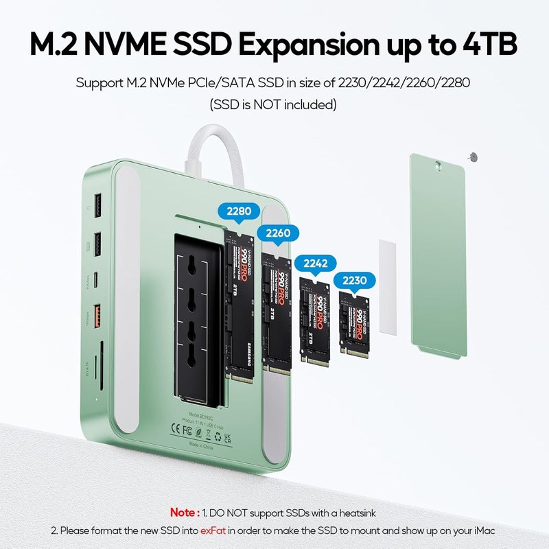 PULWTOP محور USB-C 11 في 1 لـ iMac 24 بوصة 2021 2023 2024 محطة إرساء USB تدعم M.2 SSD (غير مضمنة),ملحقات iMac M1 M3 M4,HDMI 4K,إيثرنت 2.5G,5 منافذ USB A/C 3.2 10 جيجابت في الثانية,SD/TF (أخضر-1) - Image 3