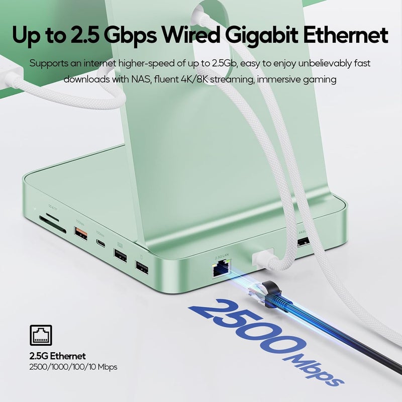 PULWTOP محور USB-C 11 في 1 لـ iMac 24 بوصة 2021 2023 2024 محطة إرساء USB تدعم M.2 SSD (غير مضمنة),ملحقات iMac M1 M3 M4,HDMI 4K,إيثرنت 2.5G,5 منافذ USB A/C 3.2 10 جيجابت في الثانية,SD/TF (أخضر-1) - Image 5