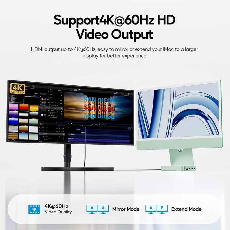 PULWTOP محور USB-C 11 في 1 لـ iMac 24 بوصة 2021 2023 2024 محطة إرساء USB تدعم M.2 SSD (غير مضمنة),ملحقات iMac M1 M3 M4,HDMI 4K,إيثرنت 2.5G,5 منافذ USB A/C 3.2 10 جيجابت في الثانية,SD/TF (أخضر-1) - Image 4
