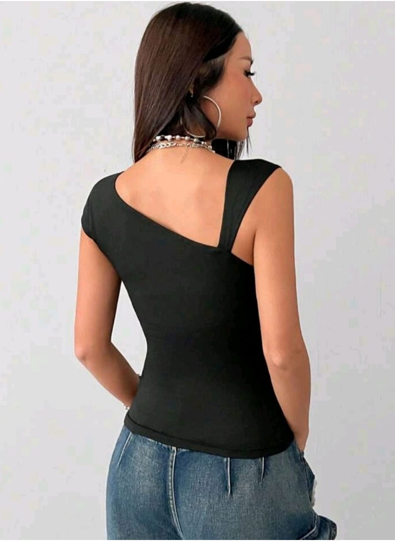 شي إن - بلوزة نسائية سوداء كاجوال، بسيطة وعصرية للارتداء اليومي - Image 1