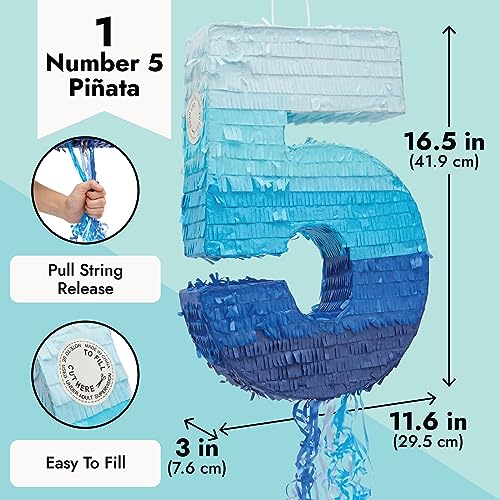 BLUE PANDA Pull String Pinata Number 5 - Ombre Blue, 16.5 x 11.6 In - Pinata for 5 Year Old Boy, 5th Birthday Decorations for Boys - Ribbon Surprise for Candy & Confetti - Image 3