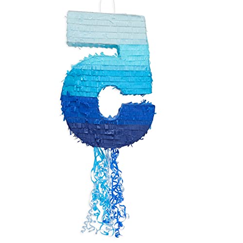 BLUE PANDA Pull String Pinata Number 5 - Ombre Blue, 16.5 x 11.6 In - Pinata for 5 Year Old Boy, 5th Birthday Decorations for Boys - Ribbon Surprise for Candy & Confetti - Image 4