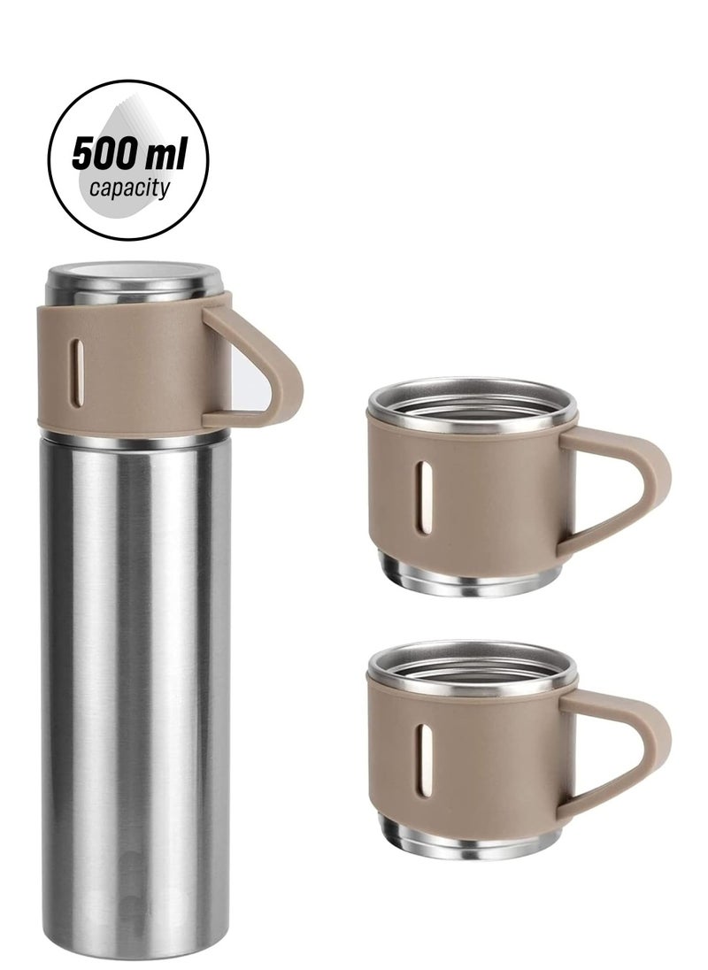 JAJEEK 500ml Stainless Steel Vacuum Thermos Flask with Silicone Handle – Insulated Water Bottle with 2 Stainless Steel Cups Set | Gift Box (2 PACK, SILVER BEIGE) – Perfect for Hiking, Camping & Travel – Hot & Cold  - Image 1