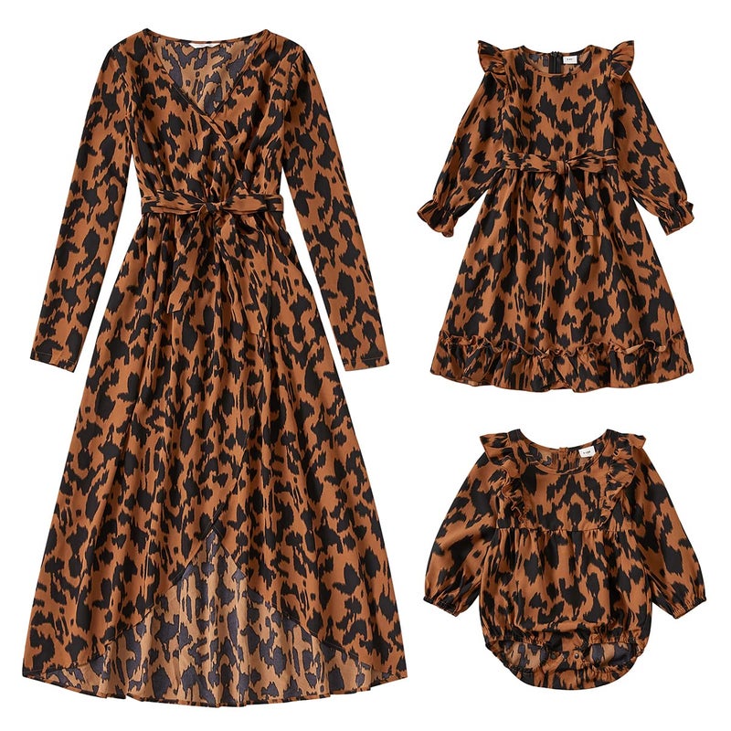AWIBMK Mommy and Me Matching Dresses Floral Printed Split Ruffled Boho ALine Long Dress V Neck and Round Neck Long Sleeve Casual Fall Winter Mom Daughter Matching Outfits Brown Leopard 912 Months 