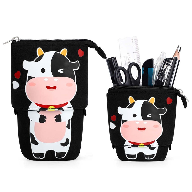 Cute Standing Pencil Case for Kids Pop Up Pencil Box Makeup Pouch Christmas Gift Kids Canvas Pen Holder Organizer Cosmetics Bag Kawaii Stationary Baby Cow