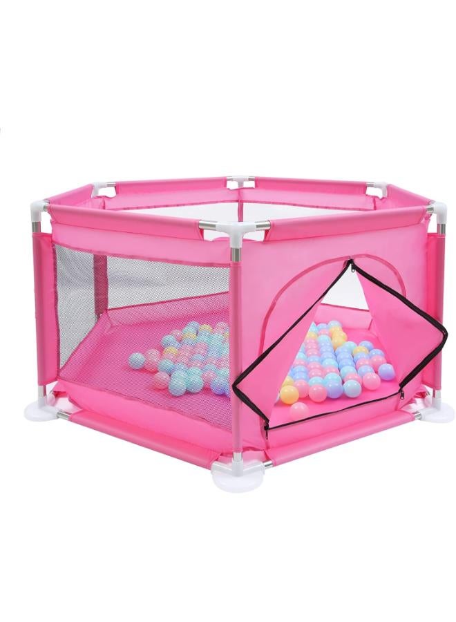 Beauenty Baby Kids Playpen Activity Center Room Fitted Floor  with 50 pcs Balls Safety Protection Care Crawling Folding Fence Toys Portable Indoors Outdoors and Parks Gifts (Pink)
