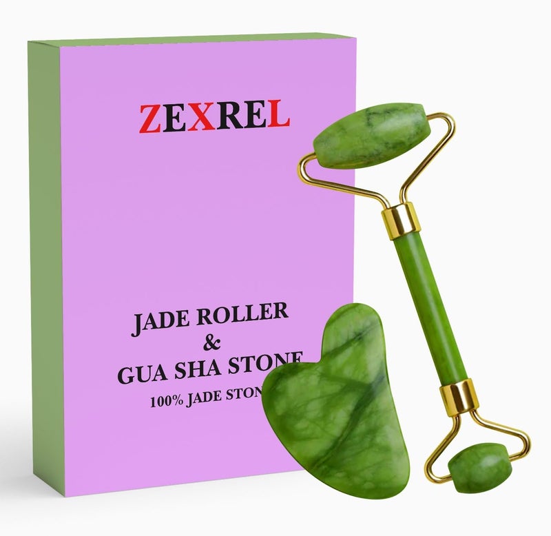 ZEXREL Facial Massager Jade Roller & Gua Sha Tool 100% Natural Himalayan Stone for Face Neck Healing Skin Wrinkles & Face Eye Neck Foot Manual Massage For Women -(Stone - 1) - Image 1