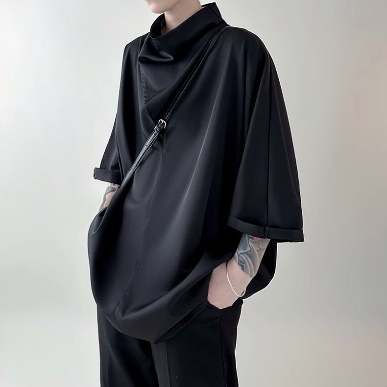 Japanese Style Yamamoto Style T-Shirt Niche Pile Collar Half-Sleeve Plus Size Ice Silk Short-Sleeve Men'S Trendy Brand Fashionable T-Shirt - Image 1