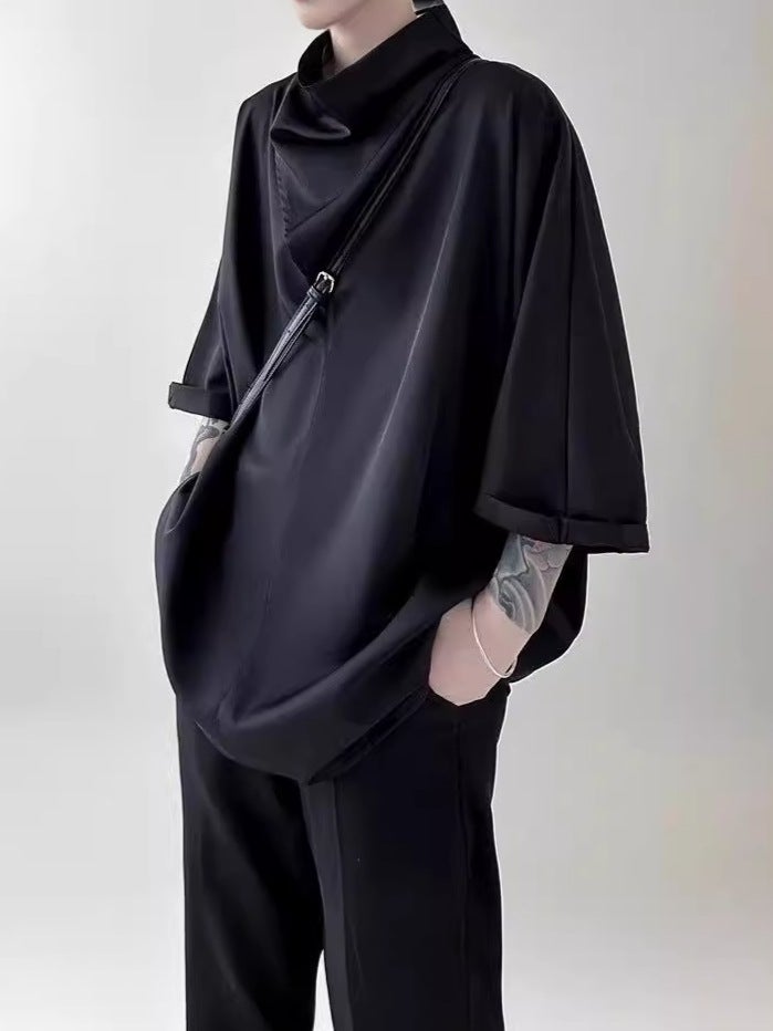 Japanese Style Yamamoto Style T-Shirt Niche Pile Collar Half-Sleeve Plus Size Ice Silk Short-Sleeve Men'S Trendy Brand Fashionable T-Shirt - Image 2