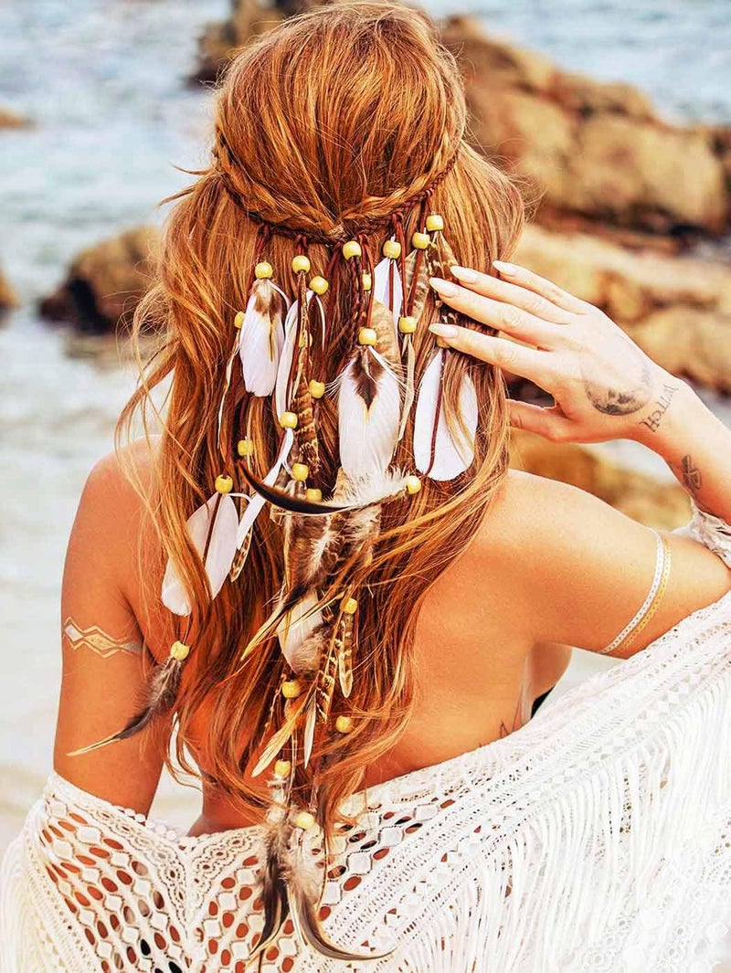 GENBREE Boho Feather Headbands Indian Headdress Gypsy Feather Headpiece White Hippie Headband Adjustable Long Feather Hair Accessories for Women and Girls Pattern 1 