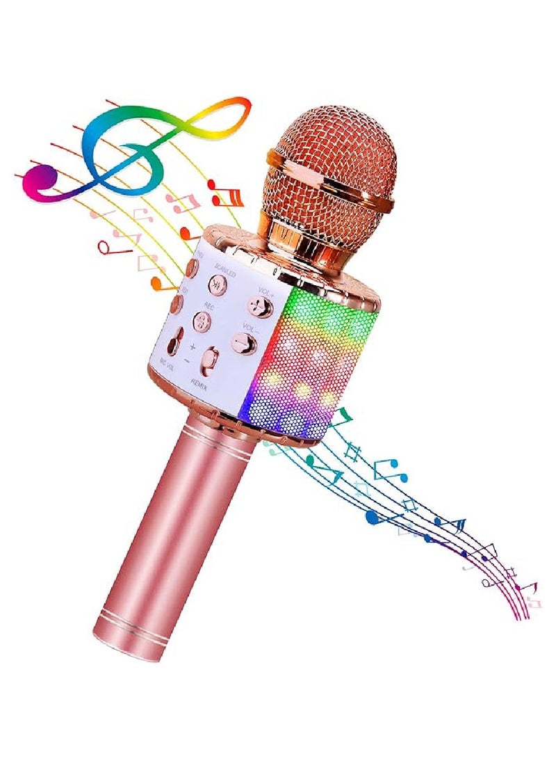 يوويل مكبر صوت كاريوكي لاسلكي 4 في 1 مع أضواء LED، ميكروفون محمول للأطفال ميكروفون كاريوكي لاسلكي محمول مع مكبر صوت بلوتوث ميكروفون كاريوكي WS-858L ذهبي وردي - Image 1