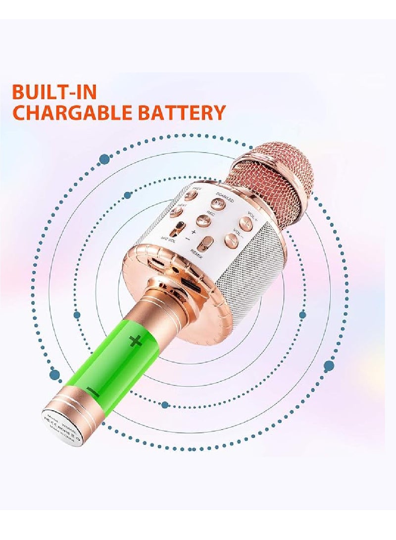 يوويل مكبر صوت كاريوكي لاسلكي 4 في 1 مع أضواء LED، ميكروفون محمول للأطفال ميكروفون كاريوكي لاسلكي محمول مع مكبر صوت بلوتوث ميكروفون كاريوكي WS-858L ذهبي وردي - Image 3