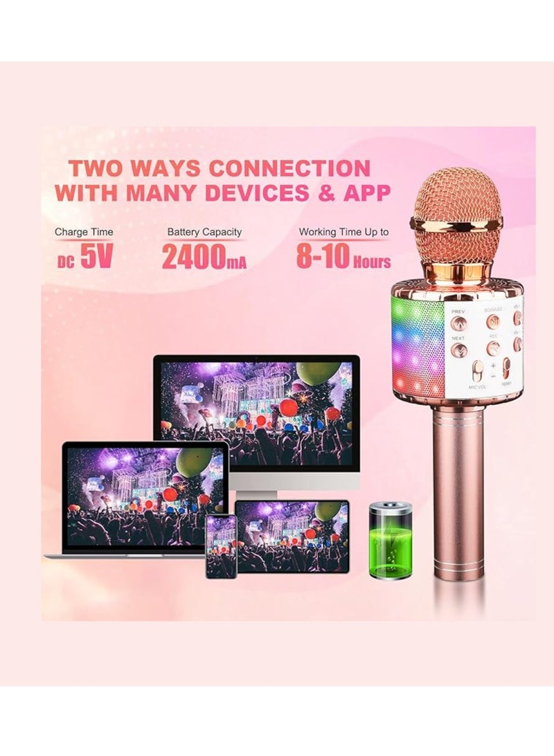 يوويل مكبر صوت كاريوكي لاسلكي 4 في 1 مع أضواء LED، ميكروفون محمول للأطفال ميكروفون كاريوكي لاسلكي محمول مع مكبر صوت بلوتوث ميكروفون كاريوكي WS-858L ذهبي وردي - Image 5