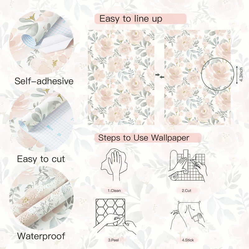 Micpolo Peel and Stick Wallpaper Floral Pink Wall Paper Modern Contact Paper Removable Wallpaper Self-Adhesive for Bathroom Bedroom Kitchen Wall Decor 17.3" x 78.7" - Image 5