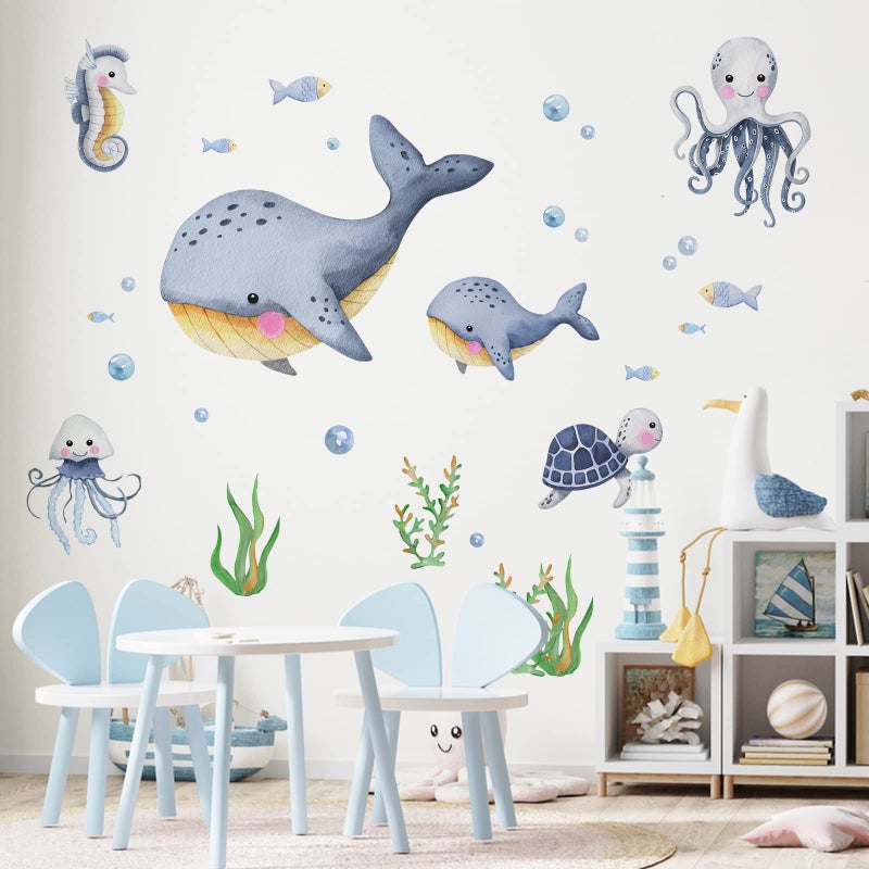 Mfault Under The Sea Whales Wall Decal Stickers Coastal Ocean Hippocampus Octopus Turtle Fish Nursery Decoration Bedroom Bathroom Art Marine Animal Beach Neutral Toddler Kids Baby Boys Room Decor