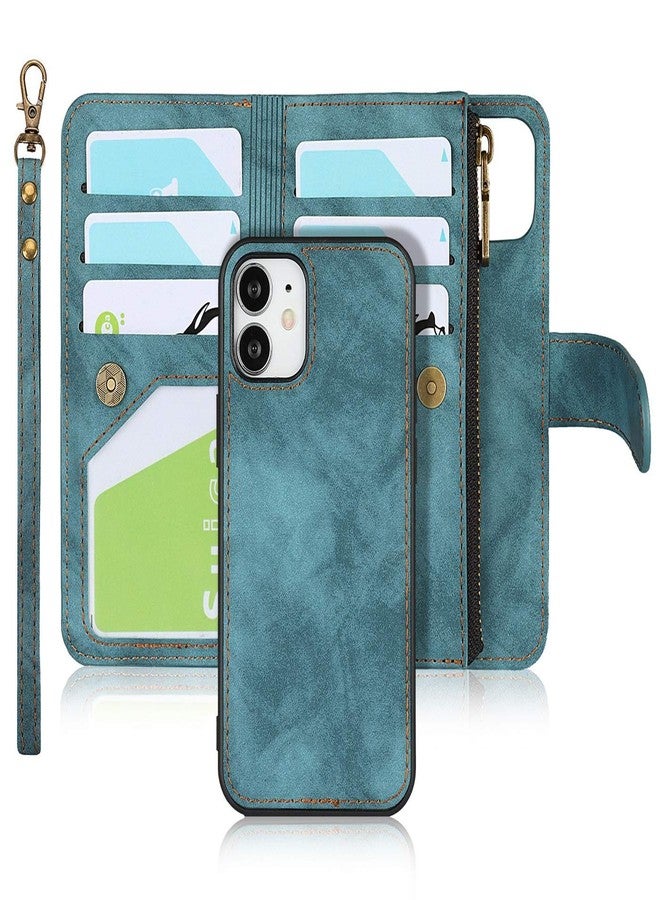 iCoverCase for iPhone 12 Mini Wallet Case with Card Holder and Wrist Strap, PU Leather Kickstand Card Slots Zipper Pocket Magnetic [Detachable] Flip Cover Case 5.4 Inch (Blue) - Image 1