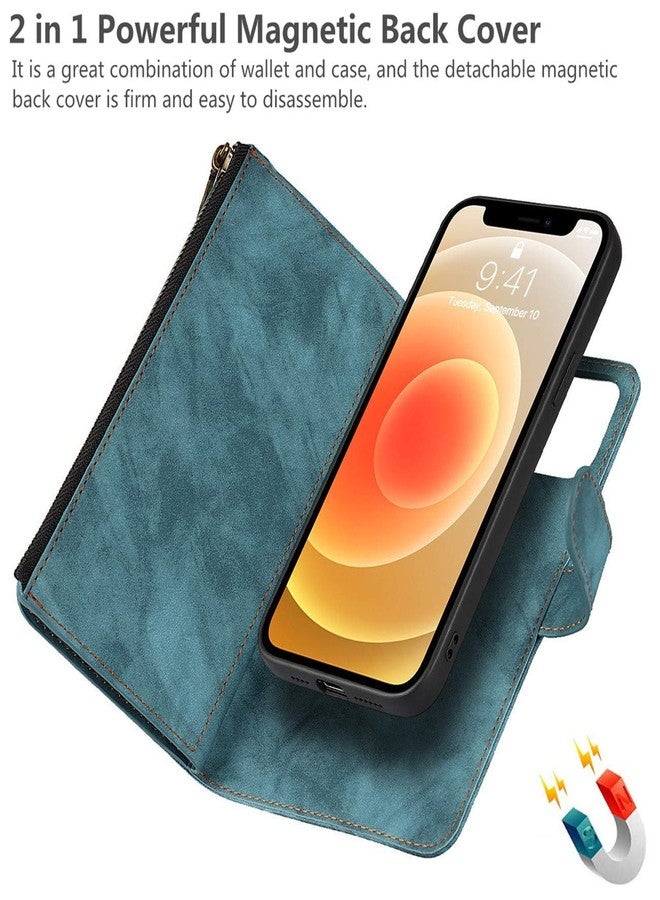 iCoverCase for iPhone 12 Mini Wallet Case with Card Holder and Wrist Strap, PU Leather Kickstand Card Slots Zipper Pocket Magnetic [Detachable] Flip Cover Case 5.4 Inch (Blue) - Image 5