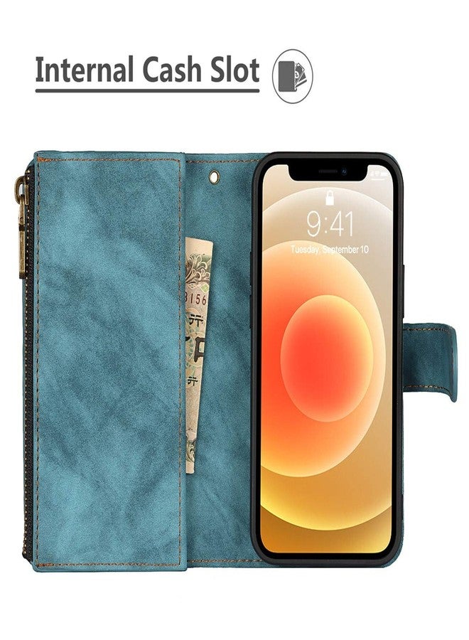 iCoverCase for iPhone 12 Mini Wallet Case with Card Holder and Wrist Strap, PU Leather Kickstand Card Slots Zipper Pocket Magnetic [Detachable] Flip Cover Case 5.4 Inch (Blue) - Image 4
