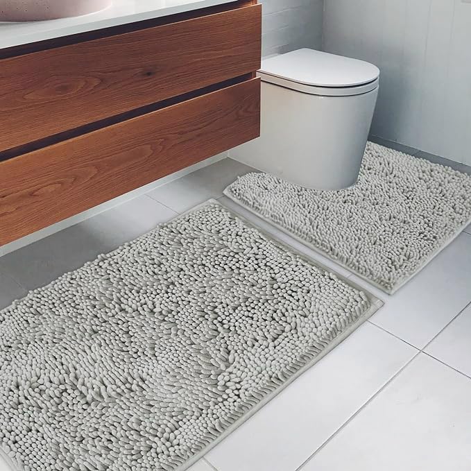 AINAHYVA Bathroom Rugs Chenille Bath mat 2 Piece Set, Super Absorbent, Strong PVC Non Slip Backing, Bath mats for Bathroom, Plush Shaggy, Thick, Machine Washable, Bathtub, Toilet.(Light Grey) - Image 2