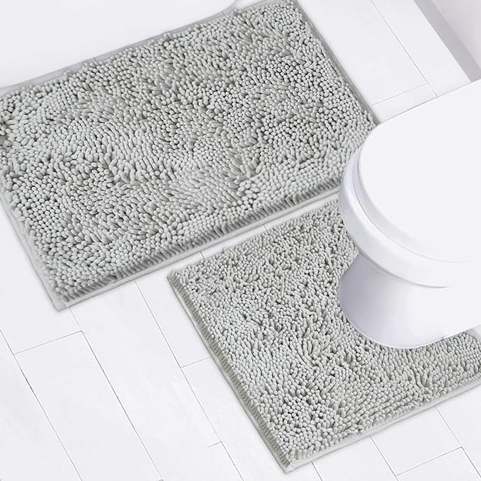 AINAHYVA Bathroom Rugs Chenille Bath mat 2 Piece Set, Super Absorbent, Strong PVC Non Slip Backing, Bath mats for Bathroom, Plush Shaggy, Thick, Machine Washable, Bathtub, Toilet.(Light Grey) - Image 1