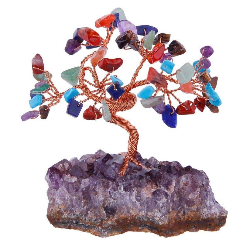 Rockcloud Natural Crystal Tree Stones Chips Money Tree with Amethyst Base Home Decoration for Wealth and Luck  Colorful Stones - Image 1