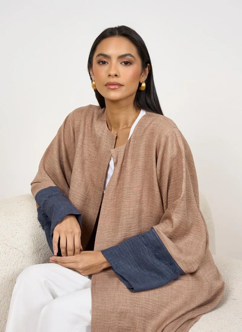 كوتور لابس Beige with Denim Look Abaya Cardigan