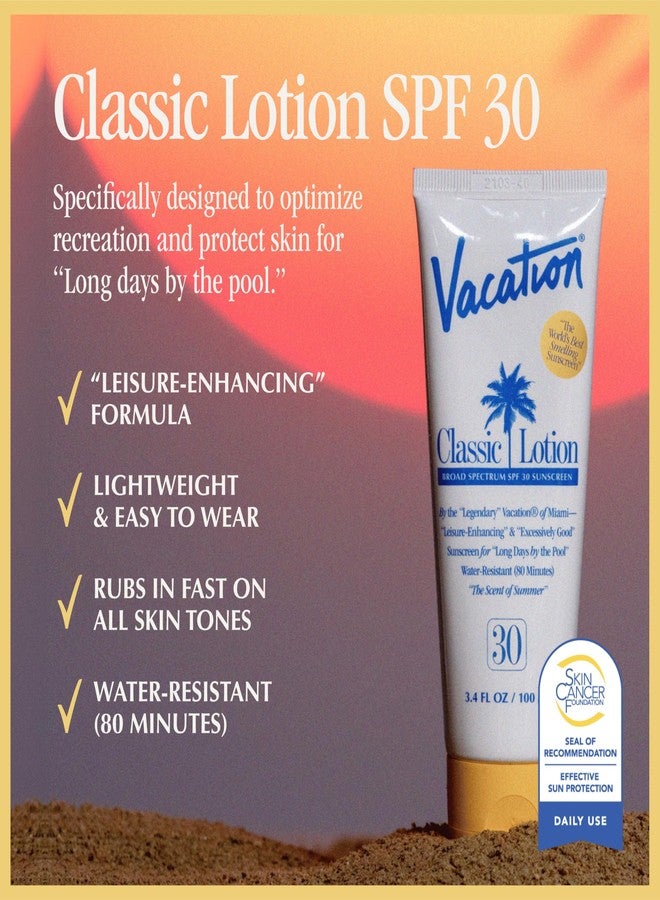 Vacation Classic Sunscreen Lotion SPF 30, Water-Resistant, Lightweight, Transparent on All Skin Tones, Dermatologist-Tested, Vegan, Travel Size, 3.4 Fl. Oz. (Value Pack of 3) - Image 2