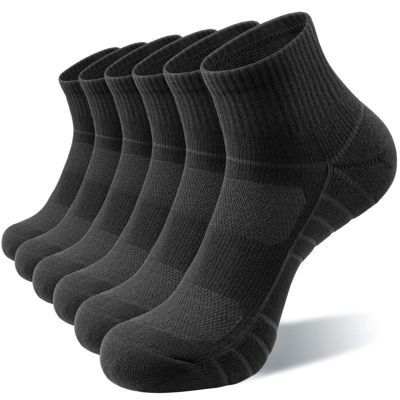 Lapulas Athletic Quarter Socks for Men Women, Cotton Mesh, Cushioned Arch Support, Non-Slip Running Ankle Design, 6 Pack, Black, XL - Image 1