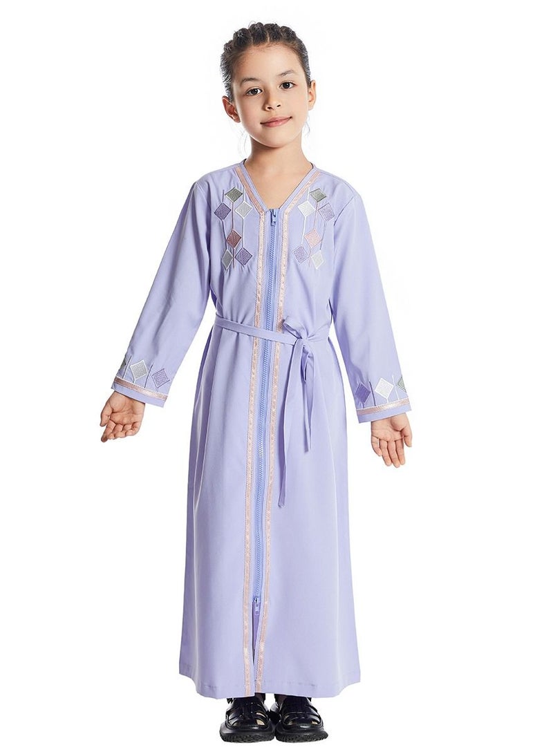 إسكدنيا Girl's V Neck Long Sleeve Lace-Up Zipper Maxi Long Dress Light Purple  - Image 1