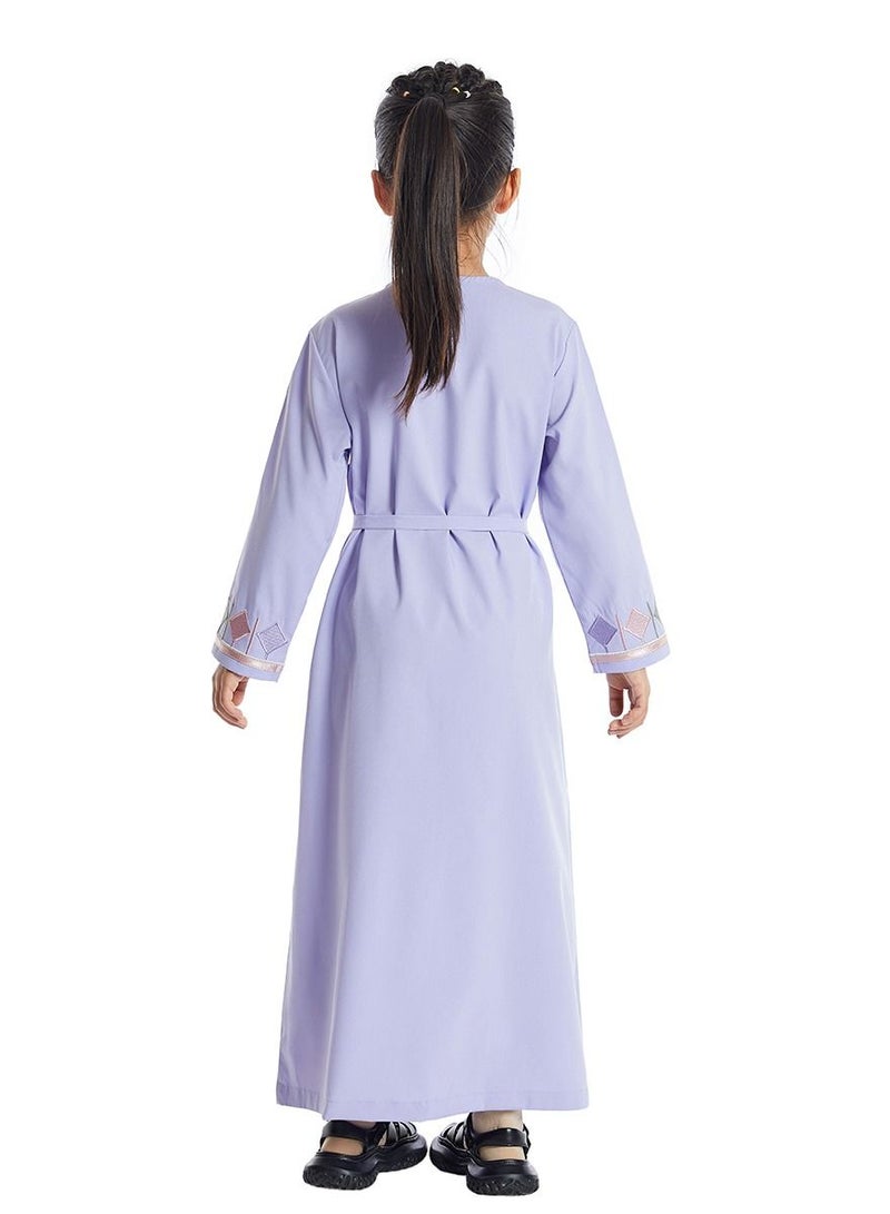 إسكدنيا Girl's V Neck Long Sleeve Lace-Up Zipper Maxi Long Dress Light Purple  - Image 2