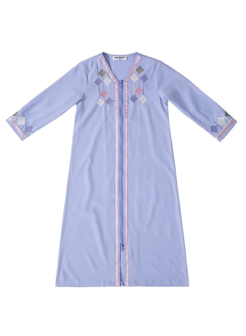 إسكدنيا Girl's V Neck Long Sleeve Lace-Up Zipper Maxi Long Dress Light Purple  - Image 3