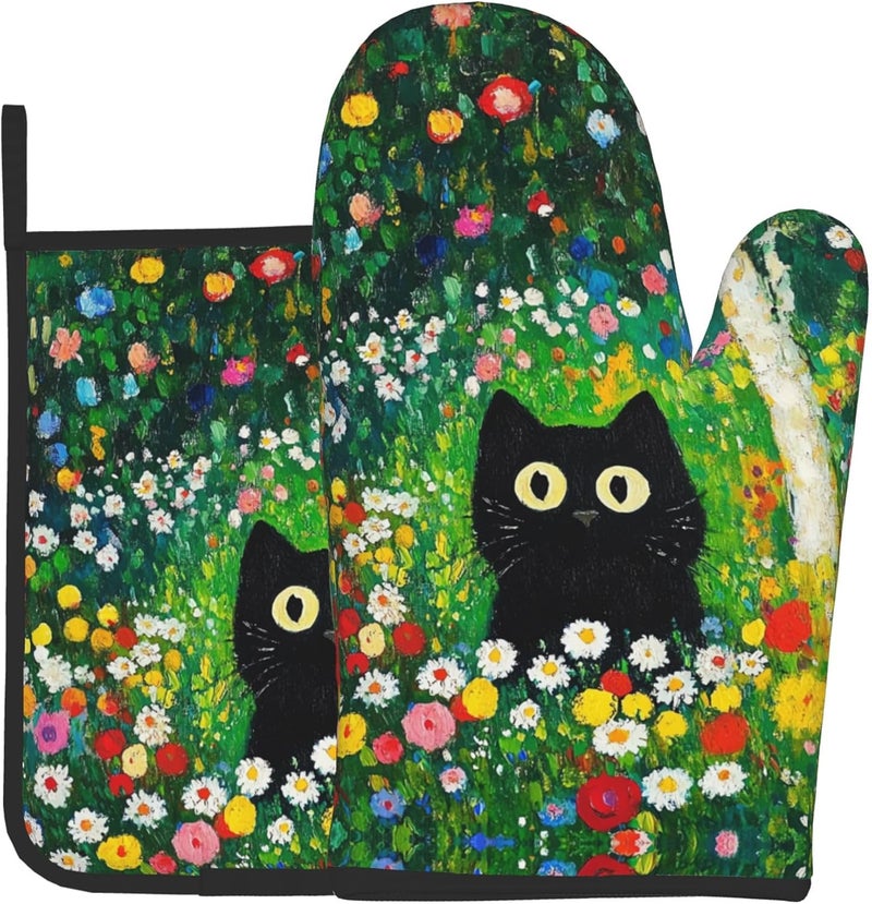 GTEVUTS Cute Colorful Garden Cats Oven Mitts Pot Holders,Heat Resistant Cooking Gloves Washable,Cute Cats Oven Gloves for Kitchen Baking BBQ, Set of 2,Cats Lovers Gift - Image 1
