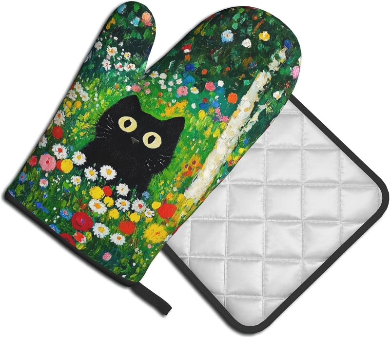 GTEVUTS Cute Colorful Garden Cats Oven Mitts Pot Holders,Heat Resistant Cooking Gloves Washable,Cute Cats Oven Gloves for Kitchen Baking BBQ, Set of 2,Cats Lovers Gift - Image 2