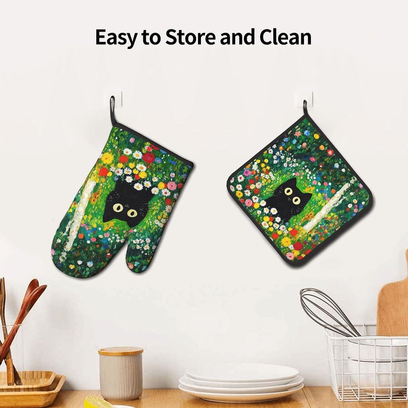 GTEVUTS Cute Colorful Garden Cats Oven Mitts Pot Holders,Heat Resistant Cooking Gloves Washable,Cute Cats Oven Gloves for Kitchen Baking BBQ, Set of 2,Cats Lovers Gift - Image 4