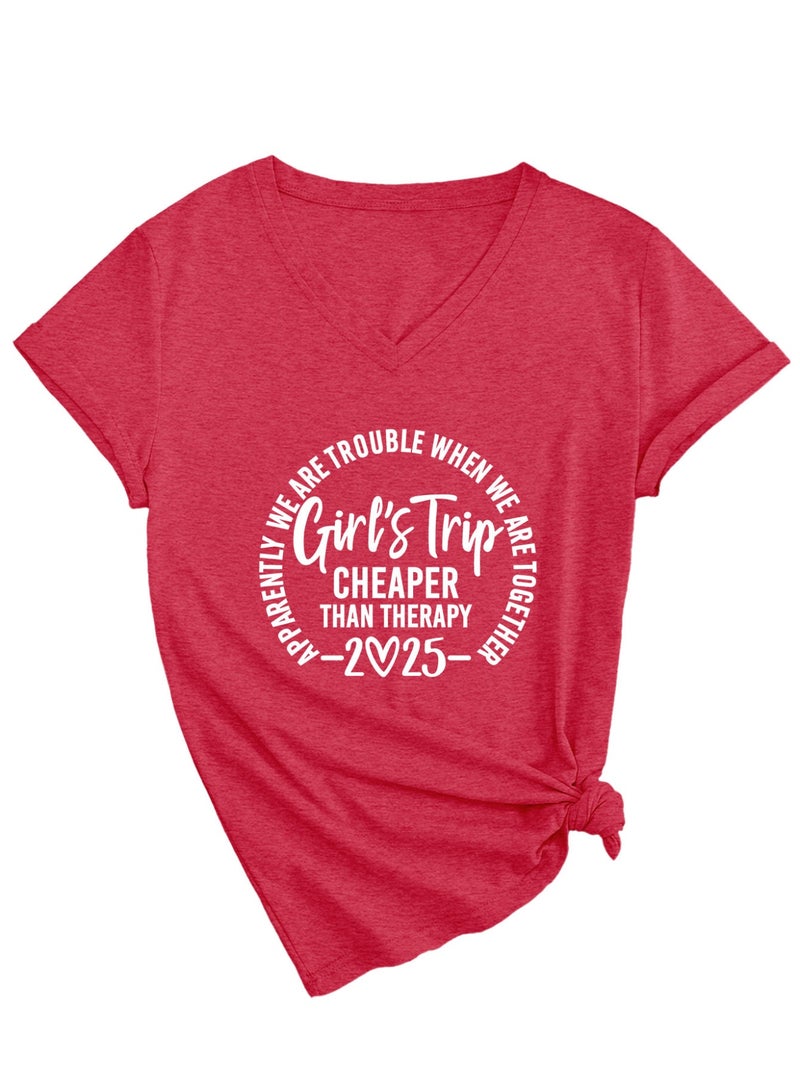 Women Funny Short Sleeve V Neck T Shirt Summer Vacation Tees - Image 1