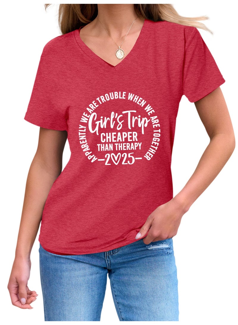 Women Funny Short Sleeve V Neck T Shirt Summer Vacation Tees - Image 2