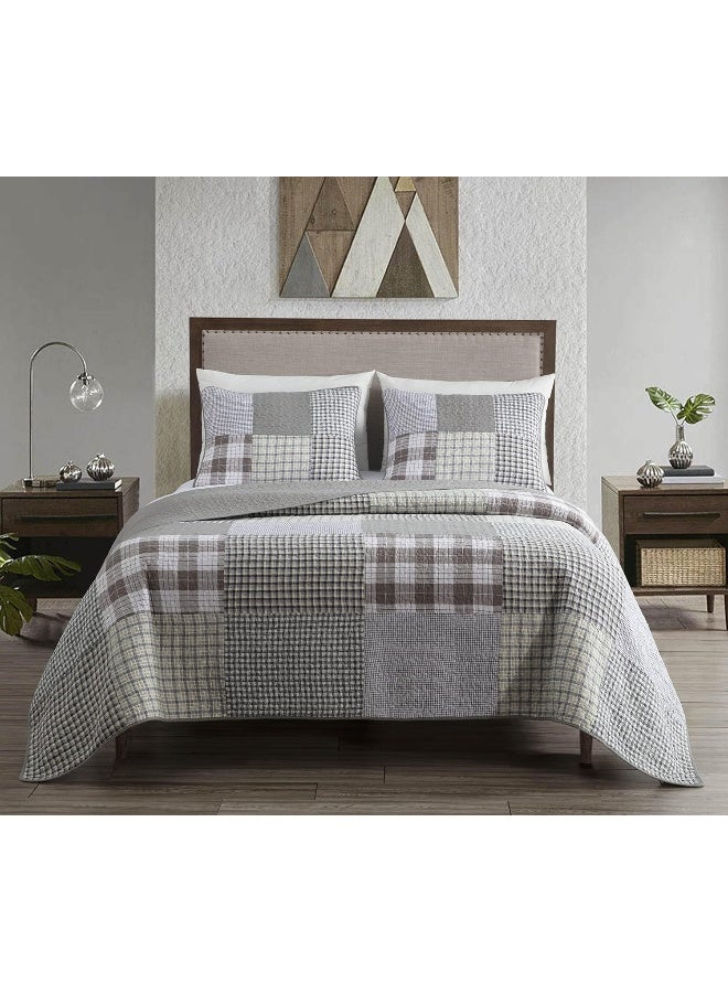 Chezmoi Collection Adrian 3-Piece Plaid Windowpane Checkered Patchwork Quilt Set - Soft Lightweight 100% Washed Cotton Bedspread for All Season, Queen Size - Image 1