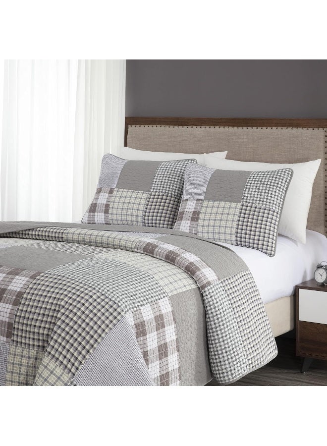 Chezmoi Collection Adrian 3-Piece Plaid Windowpane Checkered Patchwork Quilt Set - Soft Lightweight 100% Washed Cotton Bedspread for All Season, Queen Size - Image 4