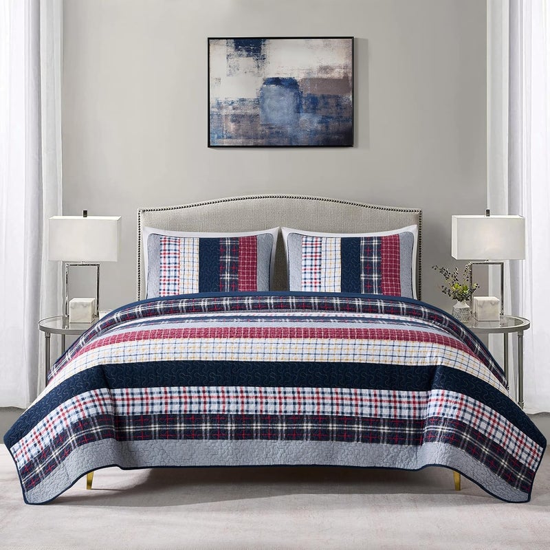 Chezmoi Collection Adrian 3-Piece Plaid Windowpane Checkered Patchwork Quilt Set - Soft Lightweight 100% Washed Cotton Bedspread for All Season, Queen Size - Image 2