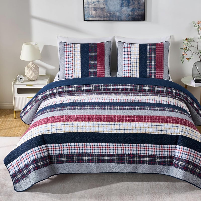 Chezmoi Collection Adrian 3-Piece Plaid Windowpane Checkered Patchwork Quilt Set - Soft Lightweight 100% Washed Cotton Bedspread for All Season, Queen Size - Image 3