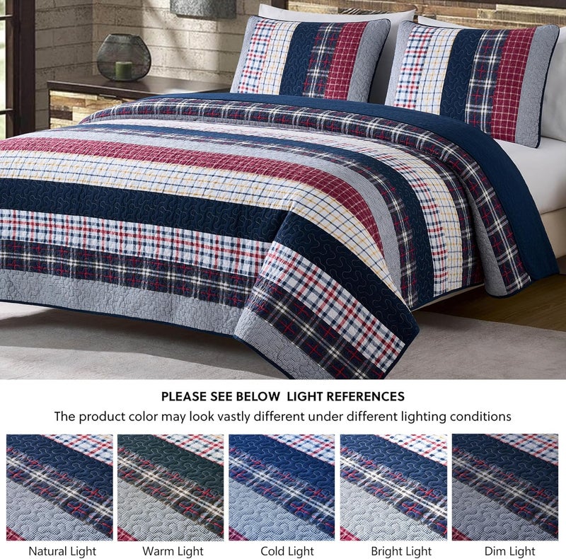 Chezmoi Collection Adrian 3-Piece Plaid Windowpane Checkered Patchwork Quilt Set - Soft Lightweight 100% Washed Cotton Bedspread for All Season, Queen Size - Image 5
