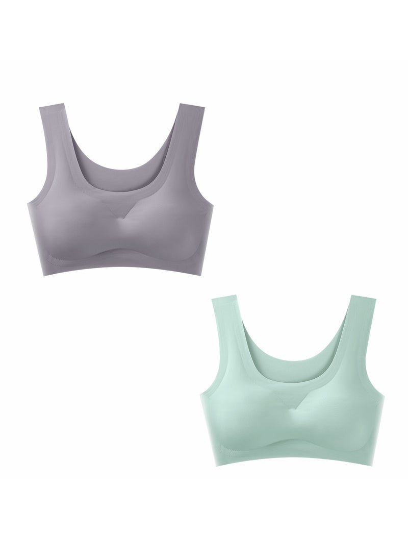 NOVOLAN NOVOLAN 2PCS Women's Sports Bras Tank Top Seamless Push Up Underwear One Piece Women's Ice Silk Beautiful Back Sports Yoga Vest Bra Workout Fitness Yoga Gym Full Coverage Quick Dry 6 Colors (Green & gray)  - Image 1