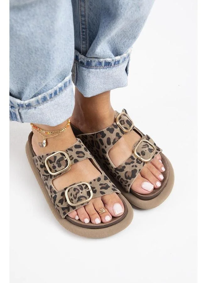 Manijero  Manijero Lavanda Leopard Women's Genuine Leather Double Buckle Mink Slippers - Brown for Women | Best Price UAE