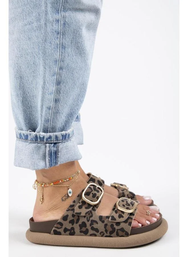 Manijero  Manijero Lavanda Leopard Women's Genuine Leather Double Buckle Mink Slippers - Brown for Women | Best Price UAE