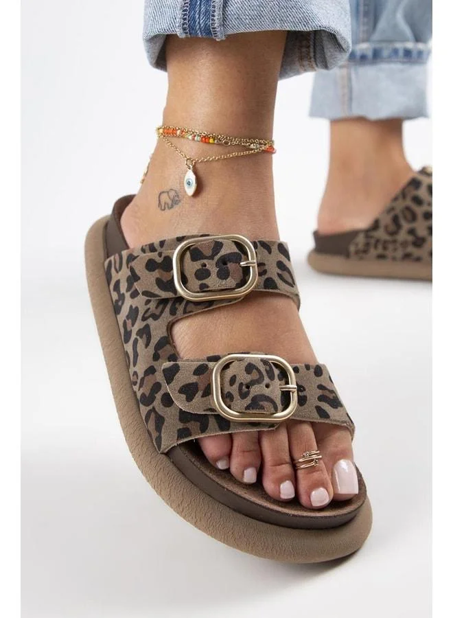 Manijero Lavanda Leopard Women's Genuine Leather Double Buckle Mink Slippers - Brown