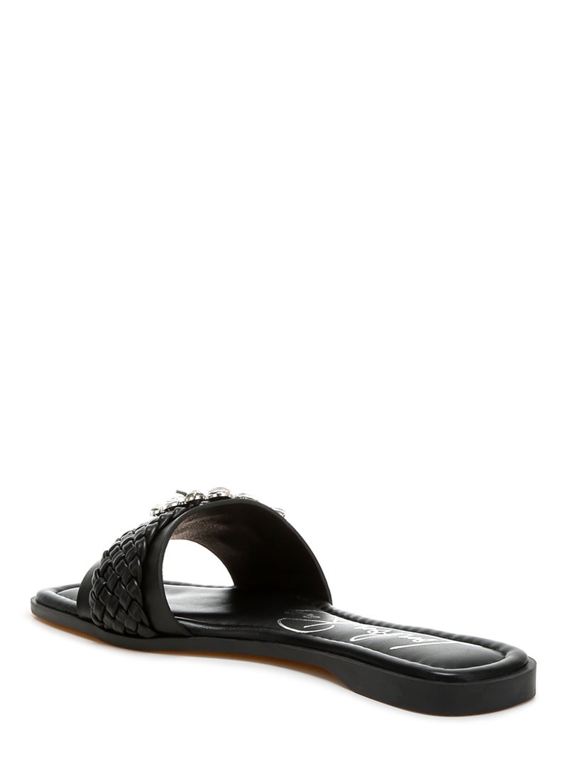 London Rag - Diamante Flat Sandals in Black - Image 1