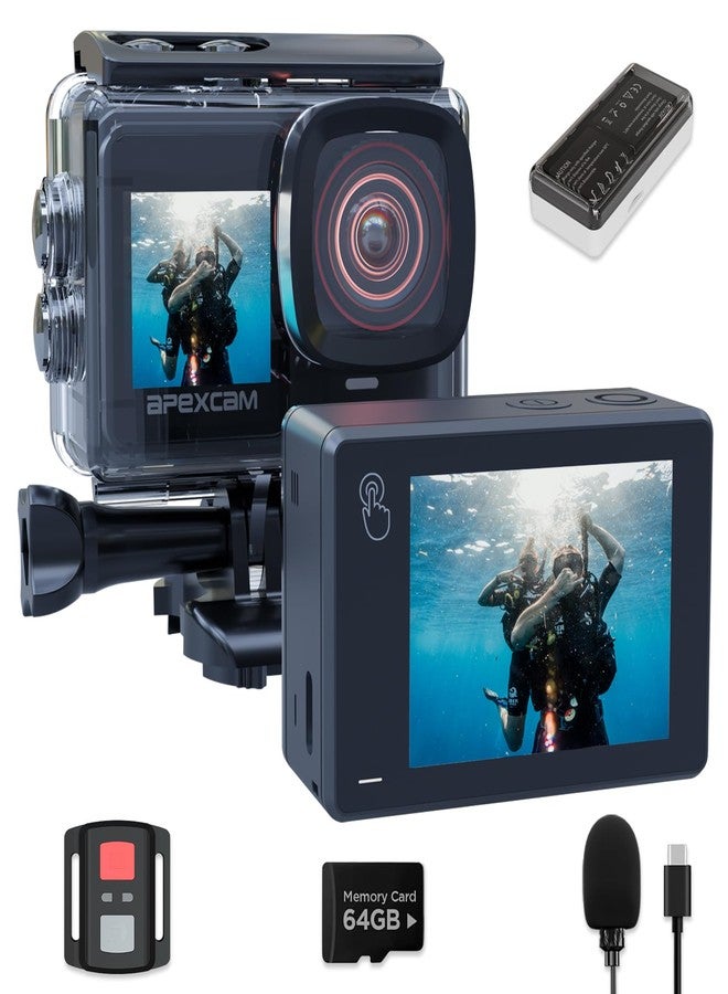 Apexcam X80PRO Dual Screen Action Cam 4K60FPS 8X Zoom EIS 48MP with 64GB Card Ultra HD WiFi Sports Camera, Underwater Camera 2.4G Remote Control, 2X Batteries for Snorkel, Travel, Motorcycle, Bicycle - Image 1