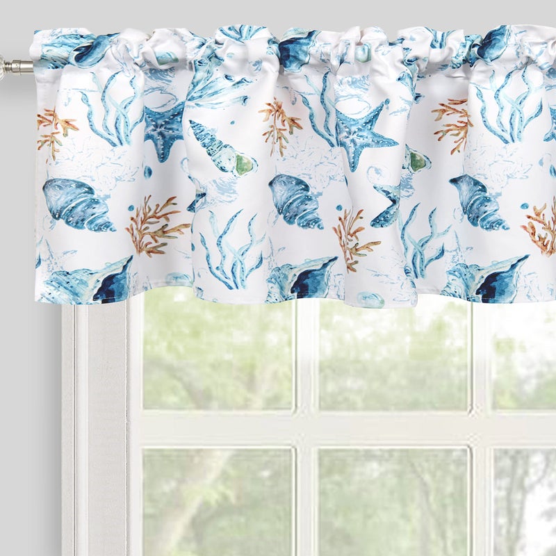 Inselnwald Coastal Blue Valance for Windows Sea Ocean Creature Nautical Window Treatment Short Curtains for Kitchen Bathroom Cafe Rod Pocket 52 x 14 Inches Blue