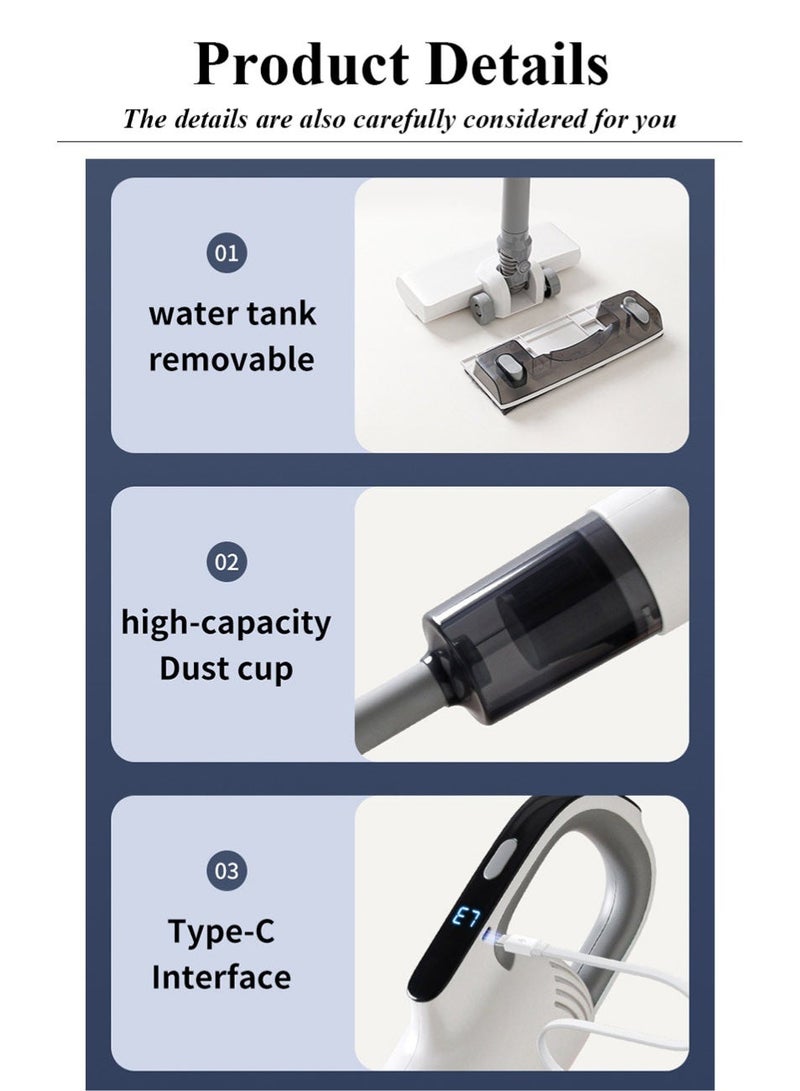 Upright Handheld Wet/Dry Cordless Home Vacuum Cleaner Features lightweight design, Type-C charging, and a brushed motor delivering 22,000Pa suction power. Offers an extended runtime of 35 minutes with LED digital display and 3 adjustable suction levels. Suitable for diverse surfaces including floors and carpets. The hose-style connection on the mop head enables thorough cleaning without dead zones. - Image 2