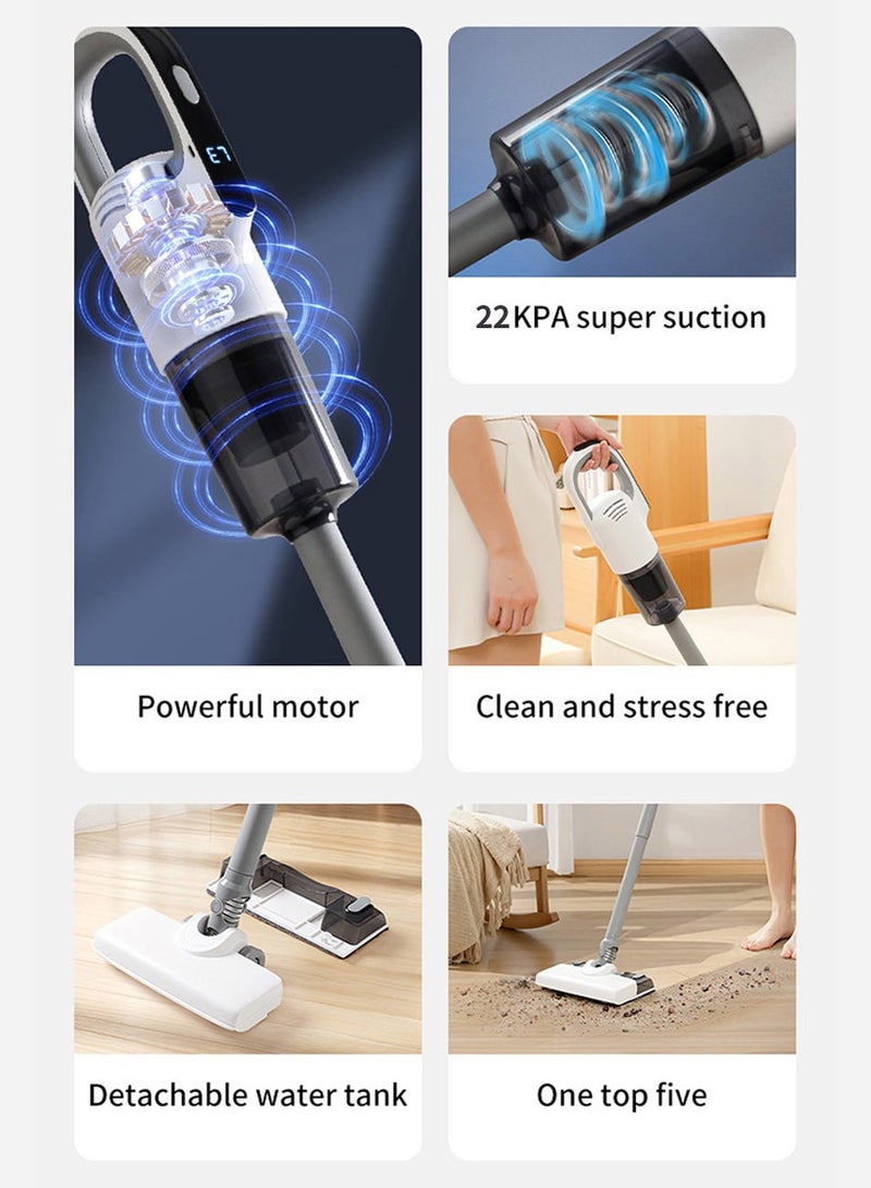 Upright Handheld Wet/Dry Cordless Home Vacuum Cleaner Features lightweight design, Type-C charging, and a brushed motor delivering 22,000Pa suction power. Offers an extended runtime of 35 minutes with LED digital display and 3 adjustable suction levels. Suitable for diverse surfaces including floors and carpets. The hose-style connection on the mop head enables thorough cleaning without dead zones. - Image 3